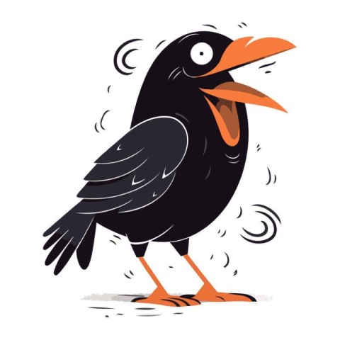 Cute black crow on white background. Vector illustration in cart