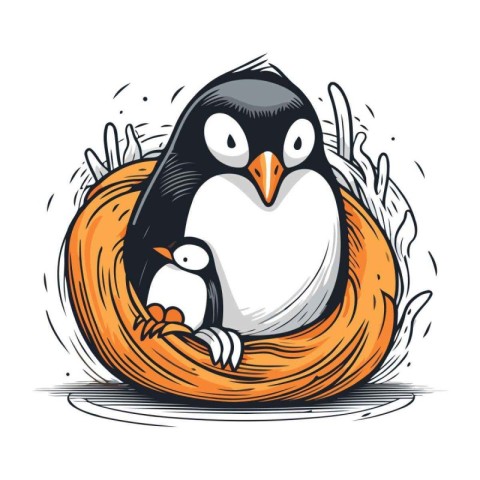 Penguin in the nest. Cute cartoon penguin. Vector illustration.