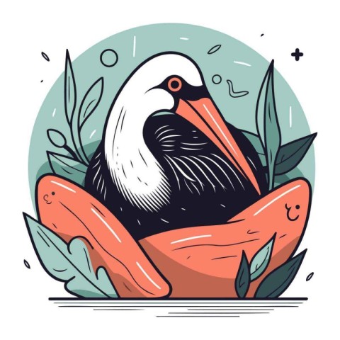 Cute hand drawn vector illustration of a pelican in the nest.