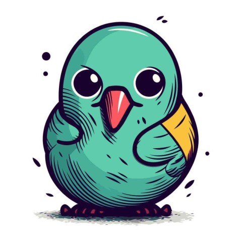 Cute cartoon green bird on white background. Hand drawn vector i