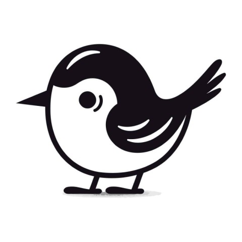 Black and white vector illustration of a cute little bird on whi