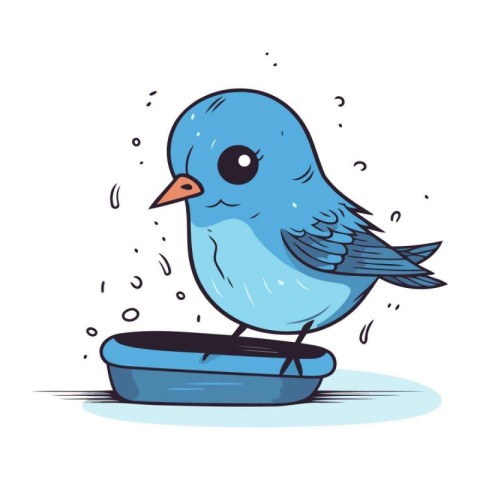 Vector illustration of a blue bird sitting in a bowl of water.