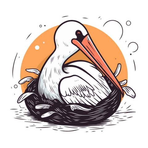 Pelican in the nest. Hand drawn vector illustration in sketch st