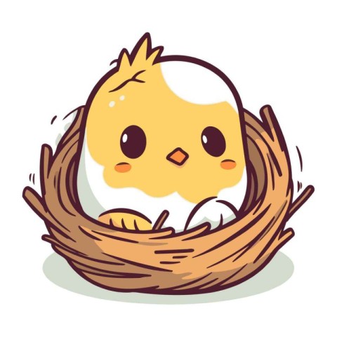 Cute cartoon chicken in the nest. Vector illustration isolated o