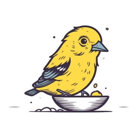 Cute little yellow bird sitting on a bowl of food. Vector illust