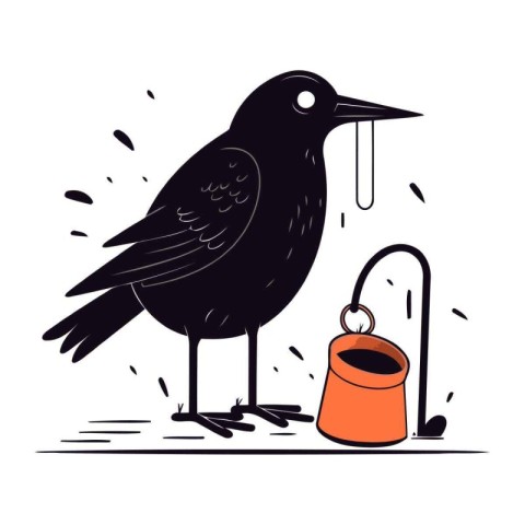 Crow with a watering can. Vector illustration in doodle style.