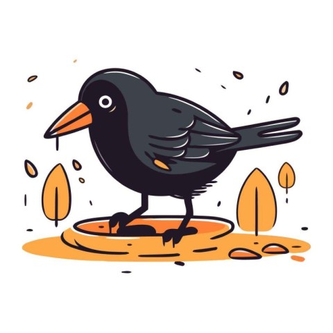 Crow sitting on the ground in the autumn park. Vector illustrati