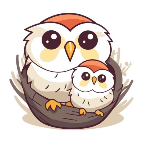 Owl family in the nest. Cute cartoon vector illustration.