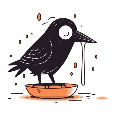 Cute hand drawn vector illustration of a black crow eating from