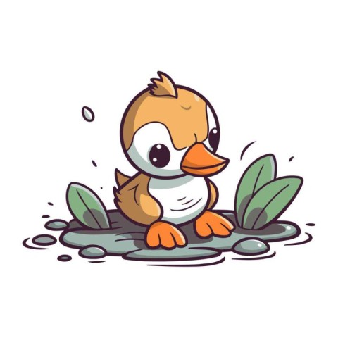 Cute cartoon duckling sitting in the water. Vector illustration.