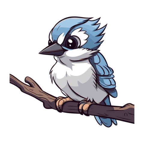 Cartoon blue bird on a branch. Vector illustration isolated on w