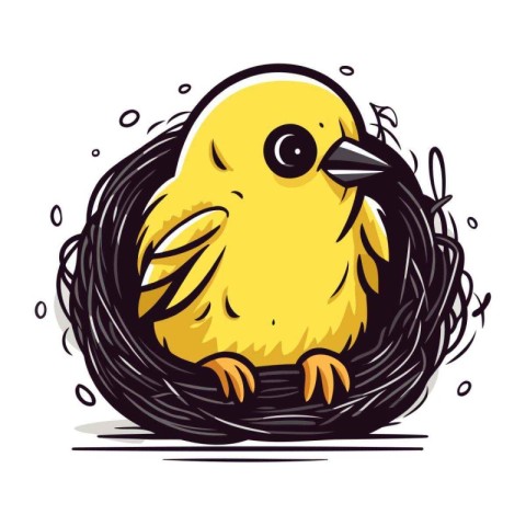 Cute yellow chick in a birds nest. Vector illustration.