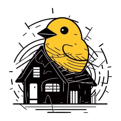 Vector illustration of a cute yellow chick in front of a house.