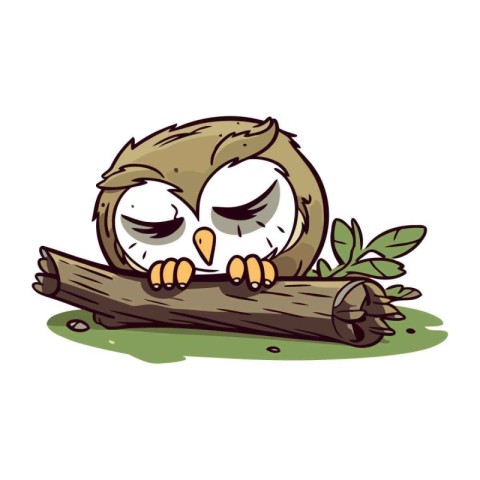 Owl sleeping on the branch. Vector illustration on white backgro