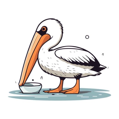 Pelican with a bowl of water. Cartoon vector illustration.