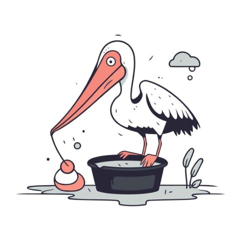 Vector illustration of cute cartoon pelican with a bucket of wat