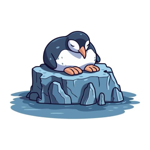 Cute penguin sitting on a rock in the water. Vector illustration