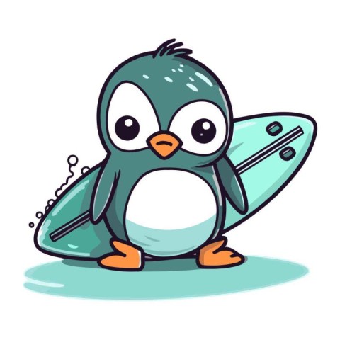 Penguin with surfboard. Cute cartoon vector illustration.