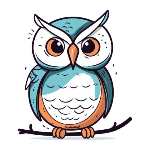 Cute cartoon owl sitting on a tree branch. Vector illustration.