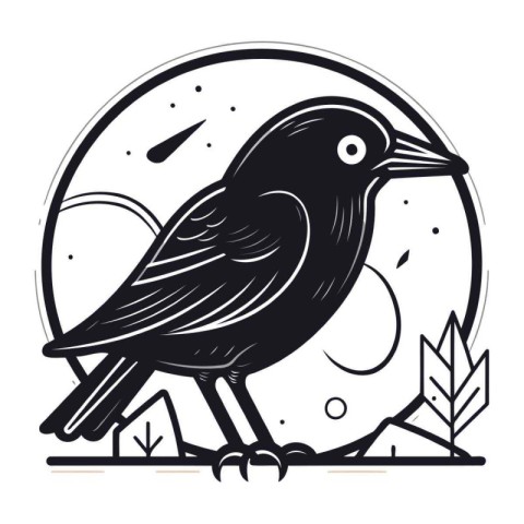 Crow in the circle. Black bird on white background. Vector illus