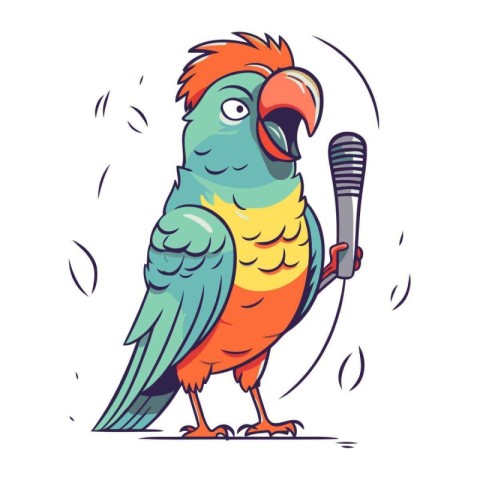 Cute parrot singing with microphone. Hand drawn vector illustrat