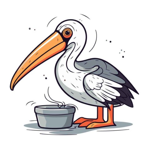 Pelican with a bowl of water. Cartoon vector illustration.