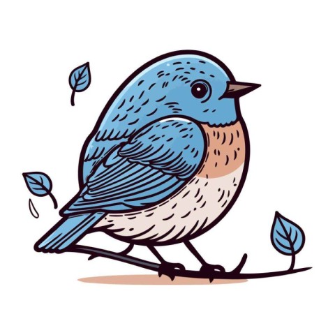 Vector illustration of a blue bird sitting on a branch with leav