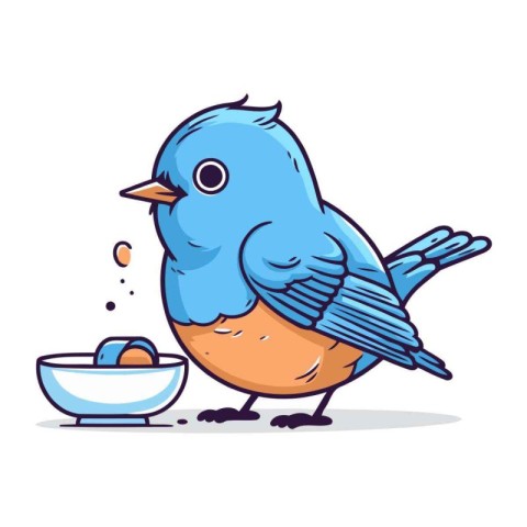 Blue bird with a bowl of baby food. Cartoon vector illustration.