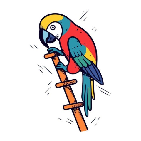 Colorful parrot sitting on a wooden branch. Vector illustration.