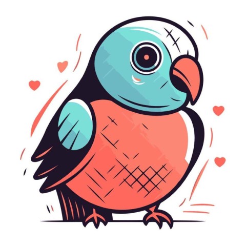 Cute cartoon parrot with hearts. Vector illustration for your de