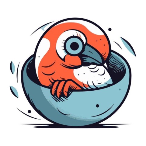 Cute cartoon parrot in a bowl of water. Vector illustration.