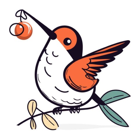 Cute cartoon bird with a cherry on a branch. Vector illustration