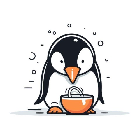 Cute penguin with a bowl of soup. Vector illustration.