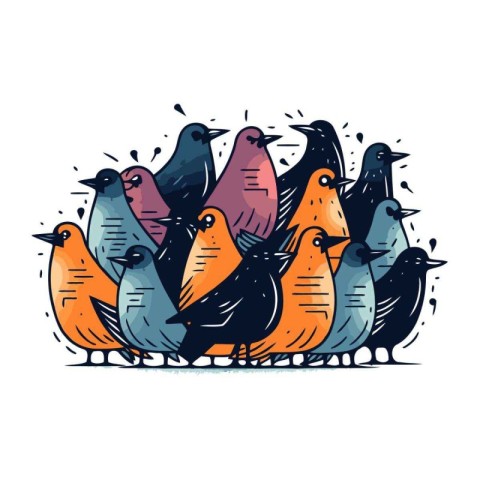 Vector illustration of a flock of birds. Hand drawn doodle style