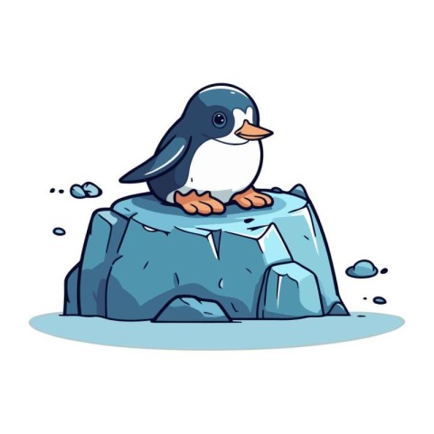 Cute penguin sitting on a rock. Cartoon vector illustration.