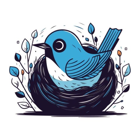 Hand drawn vector illustration of a cute blue bird in a nest.