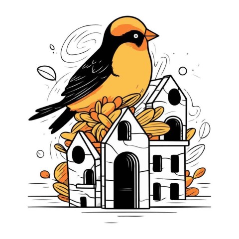 Vector illustration of a cute little bird sitting on the roof of