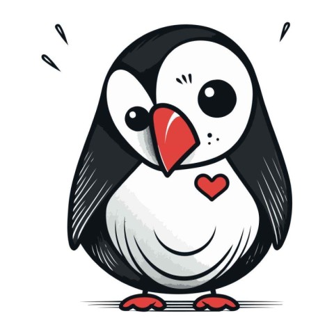 Cute cartoon penguin with heart on its beak. Vector illustration