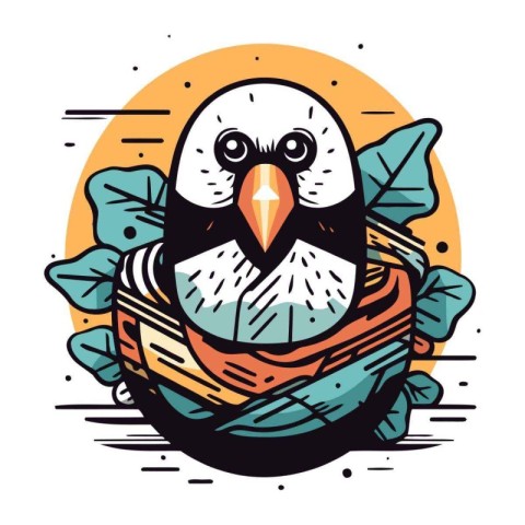 Cute cartoon parrot bird sitting in the nest. Vector illustratio