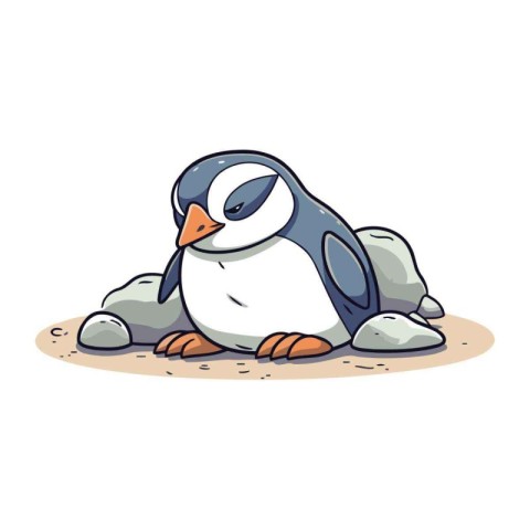 Cartoon penguin sitting on the rocks. Vector illustration isolat