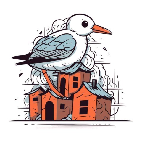 Vector illustration of a seagull sitting on the roof of a house