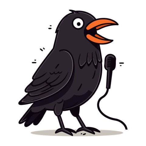 Vector illustration of a black crow singing with a microphone on