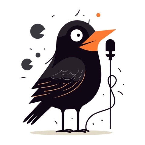 Cute black bird with microphone on white background. Vector illu