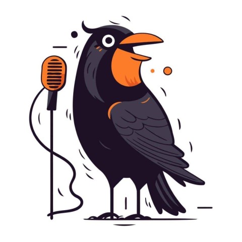 Vector illustration of a black raven singing into a microphone w