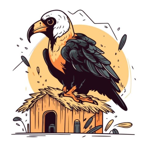 Eagle sitting on the roof of a house. Vector illustration.