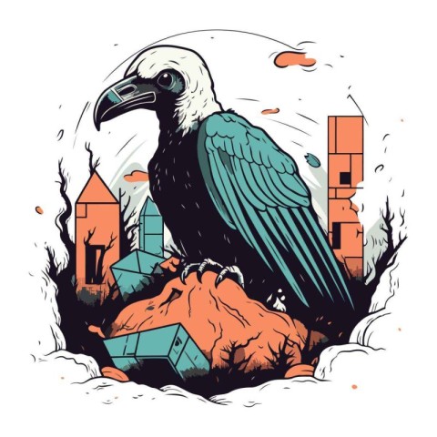 Vulture in the city. Vector illustration of a crow in the city.