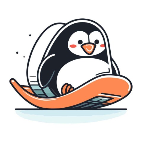 Cute penguin sitting on a sled with a laptop. Vector illustratio