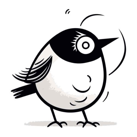 Cartoon black and white bird with big eyes. Vector illustration.