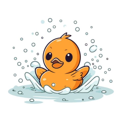 Cute yellow duckling swimming in the water. Vector illustration.