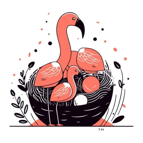 Flamingo bird in the nest. Hand drawn vector illustration.